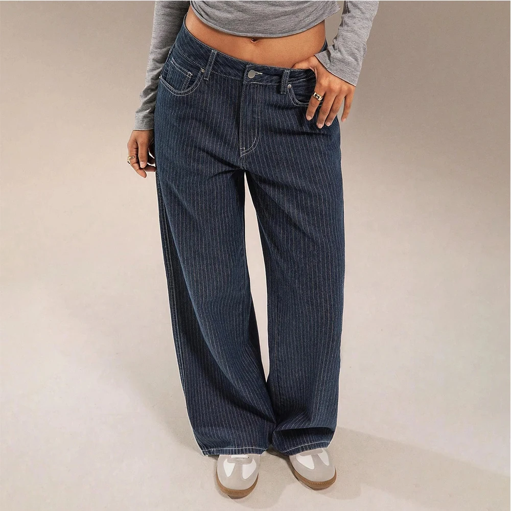 

Women Mid Waist Jeans Spring Autumn Daily Matching Comfy Loose Wide Leg Trousers Fashion Stripe Straight Leg Denim Fabric Pants
