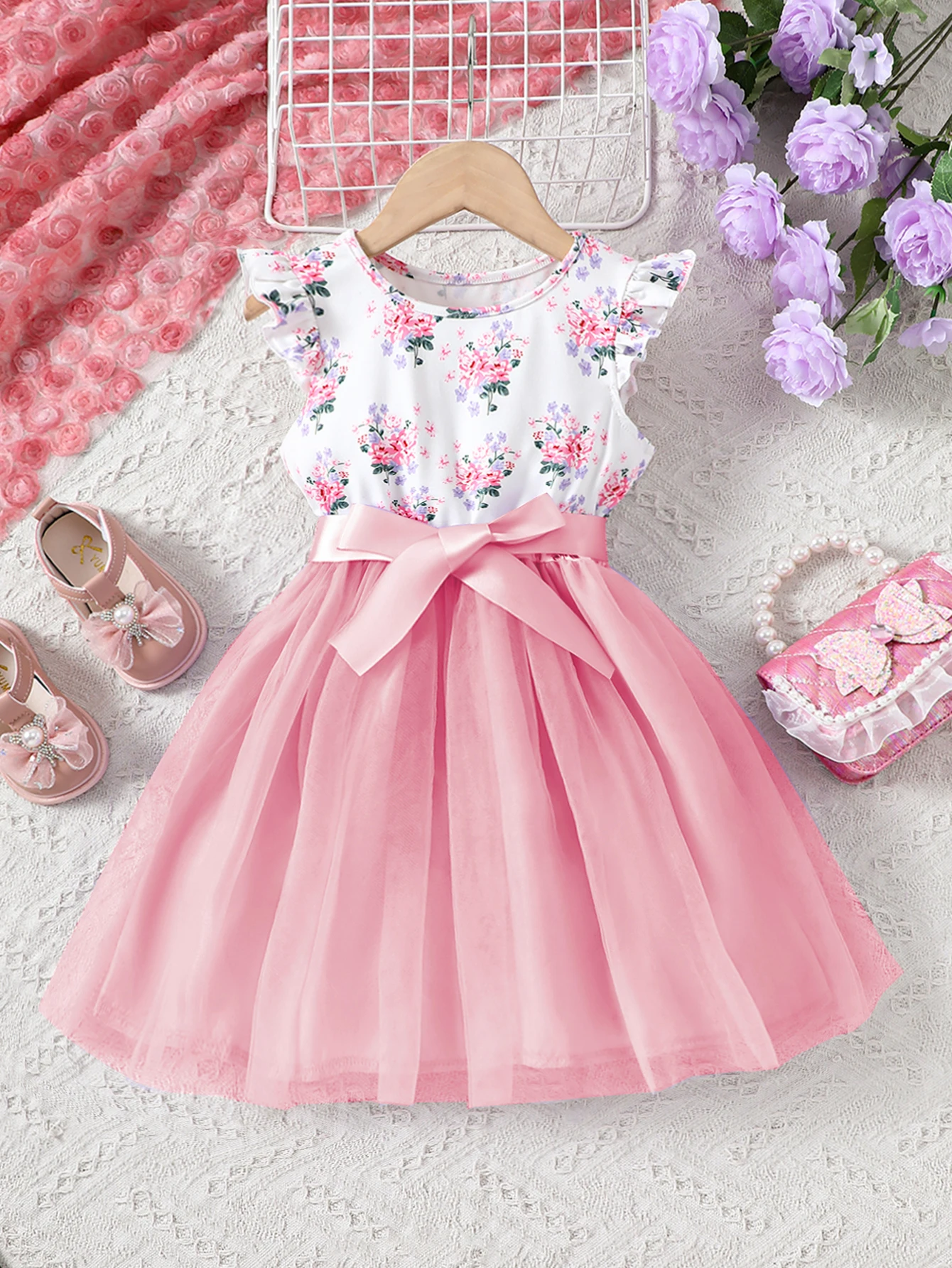 Girls' Spring/Summer Casual Fashion Cute Floral Print Ruffle Round Neck Mesh Dress Holiday Party Gift