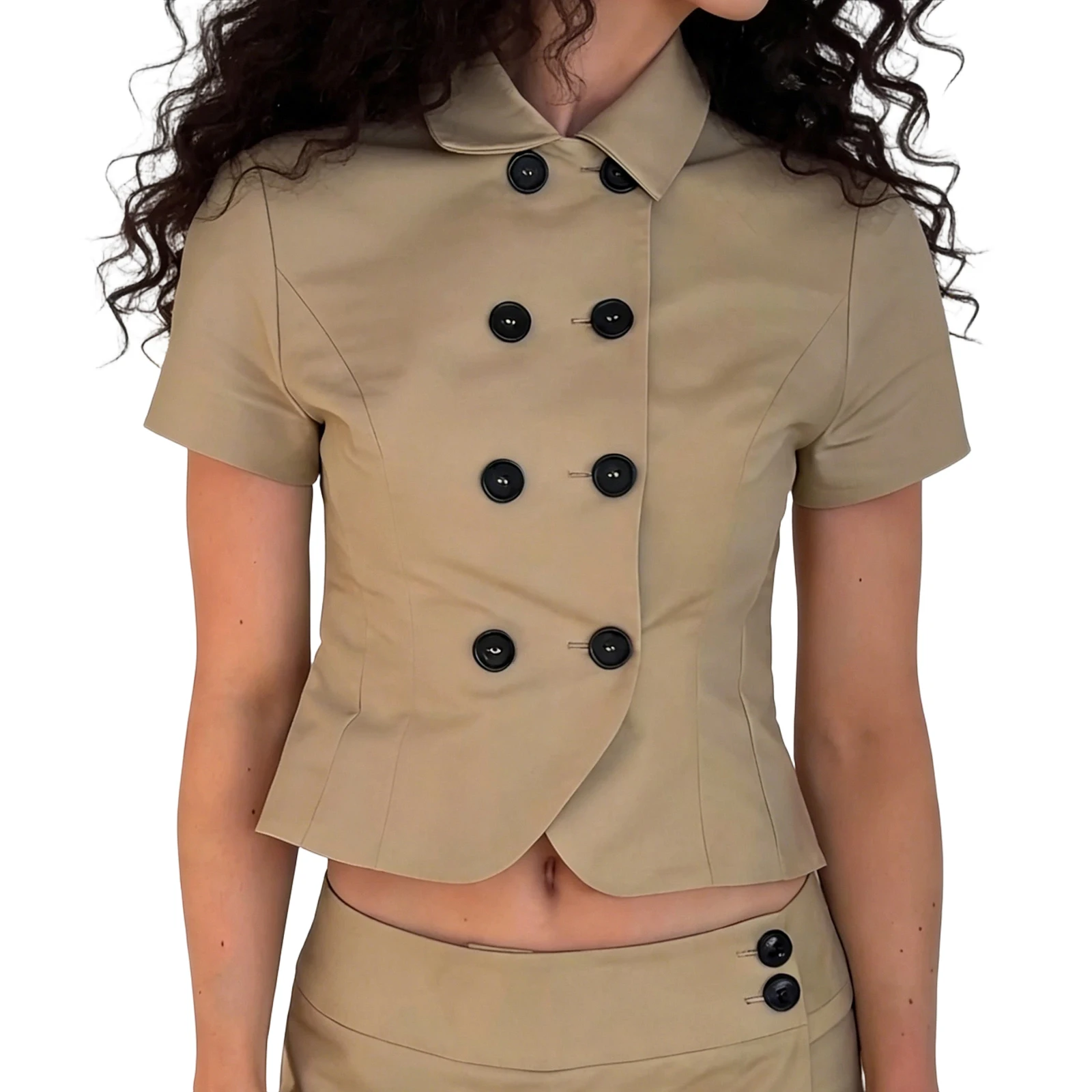 Women Shirt, Short Sleeve Double Breasted Solid Slim Fit Blouse Summer Tops Streetwear