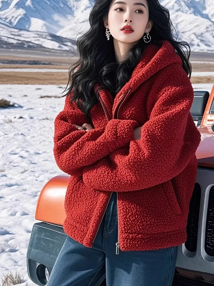 レッドラムファージャケットジッパー付きトップスレディースファションレイジースタイル春秋ハイエンド感暖かい厚手ロングスリーブフーディー