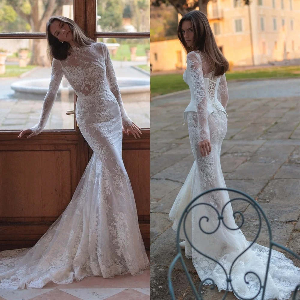 

Customized Temperament White Organza Wedding Dress High Quality Chapel Train Bridal Gowns O-Neck Long Sleeves Vestido De Novia