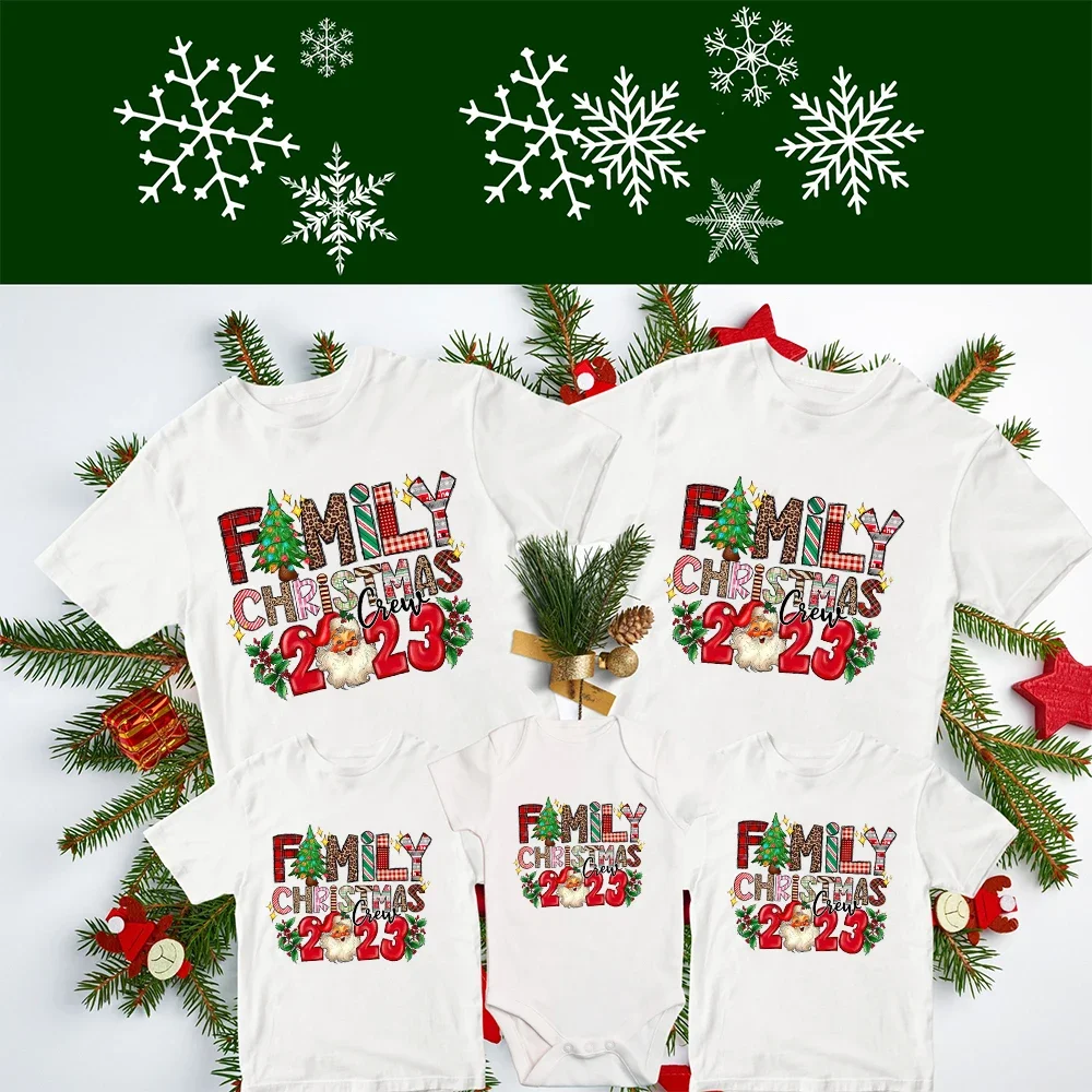 Family Christmas Crew 2023 Matching Tshirts Adult Kids T-shirt Baby Rompers Father Mother Daughter Son Matching Family Outfits