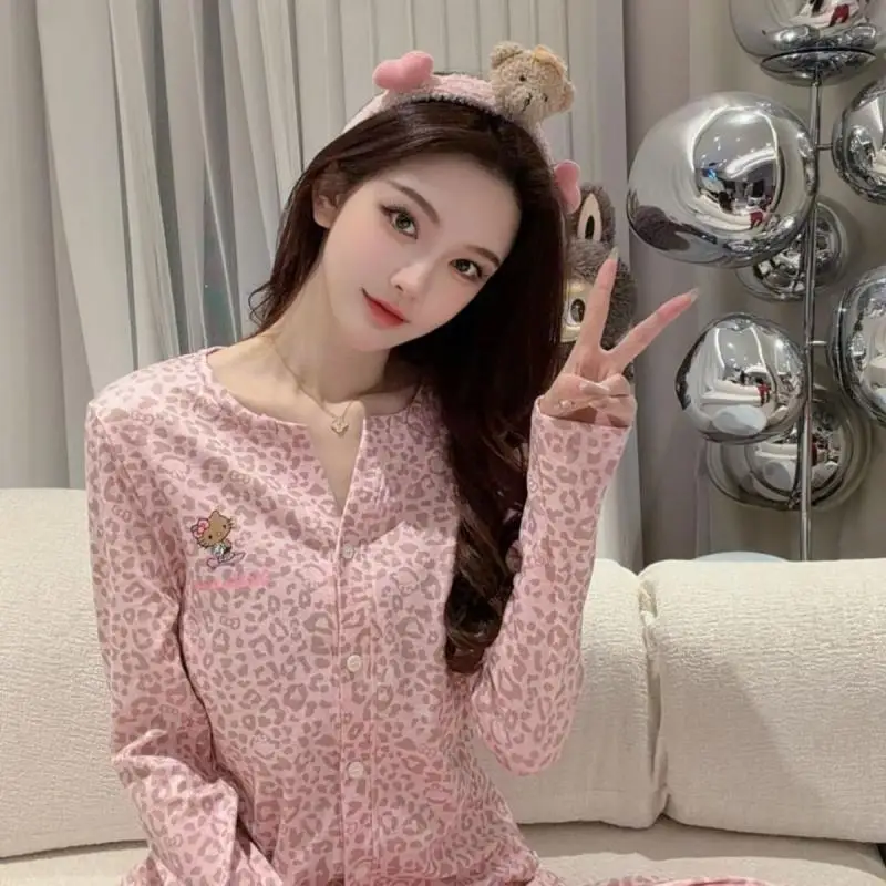 Pajamas Hello Kittys with Chest Mat for Spring Autumn Women New Modal Cartoon Sweet Leopard Pattern Home Clothes Set Cute Gift