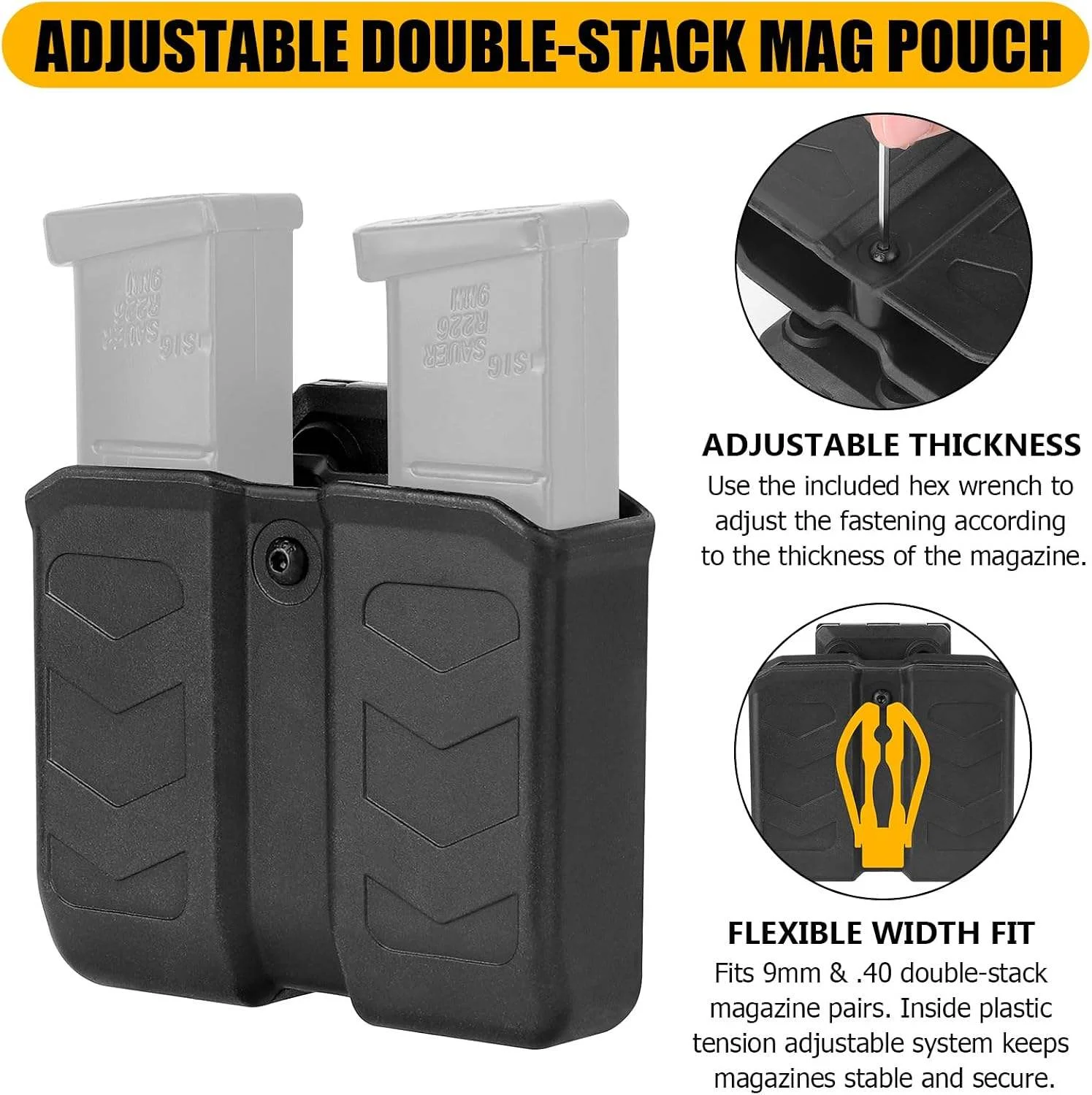 Tactical 9mm Double Magazine Pouch 45acp Double Stack Mag Pouch for 1.5-2.5inch Belt Universal Adjustable Magazine Bag