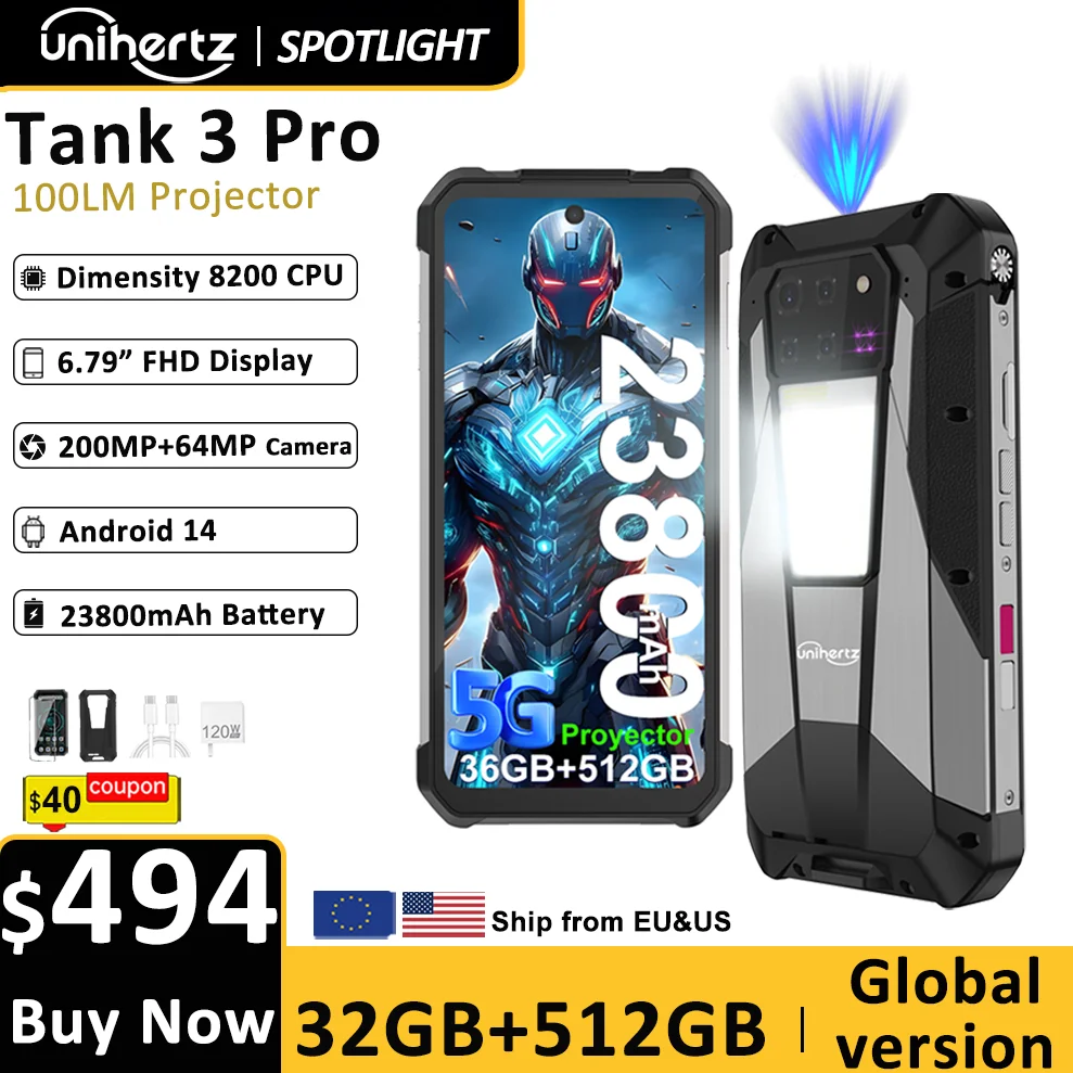 Unihertz Tank 3 Pro 8849 Rugged 5G Smartphone Android with 100 Lumens Projector 32GB 512GB 23800mAh 6.79'' FHD Waterproof Phone