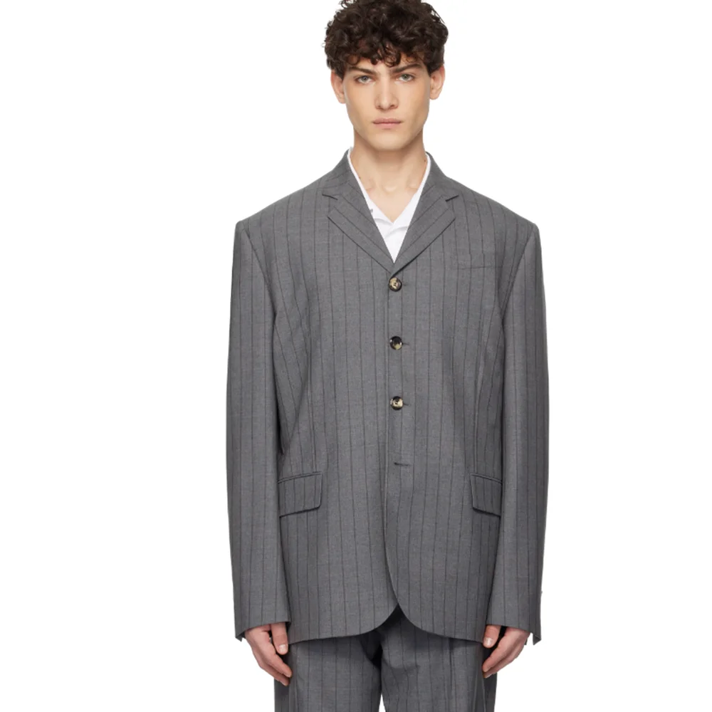 

Pinstripe Wide Cut Men Retro Grey Suits 2 Piece Jacket Pant Sets Single-Breasted Notch Lapel Loose Fit Male Buisness Outfits