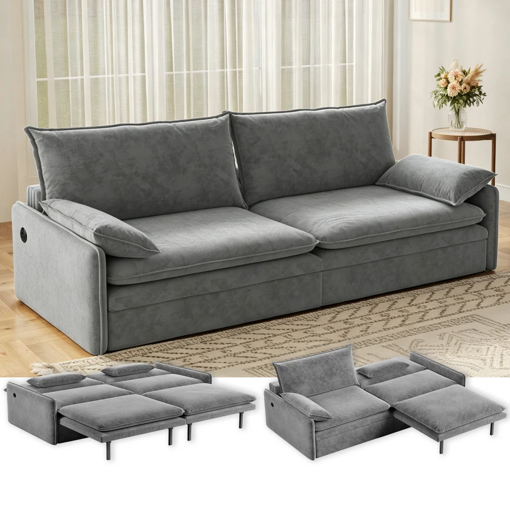 Orraves 4-Seat Convertible Sleeper Sofa Bed Chenille Fabric Deep Seat Modern Cloud Sofa with Storage USB Port 2-in-1 Pillow Pull Out Sleeper for Living Room Apartment Bedroom Light Grey