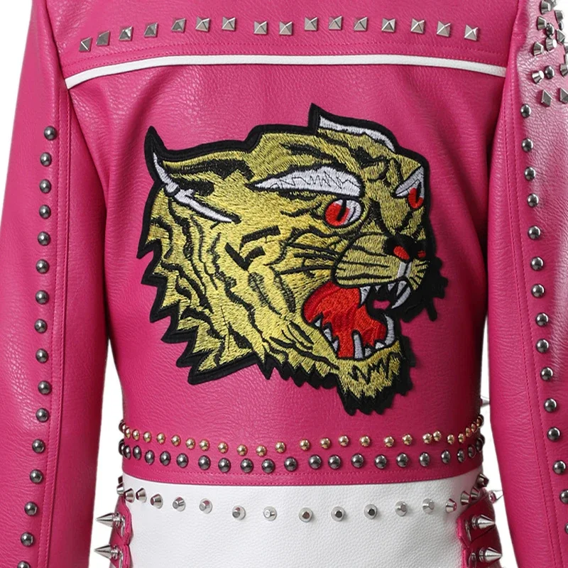 Punk Studded Motorcycle Leather Jacket Women 2024 Trend Streetwear Contrast Color Stitched Faux Leather Embroidered Jackets