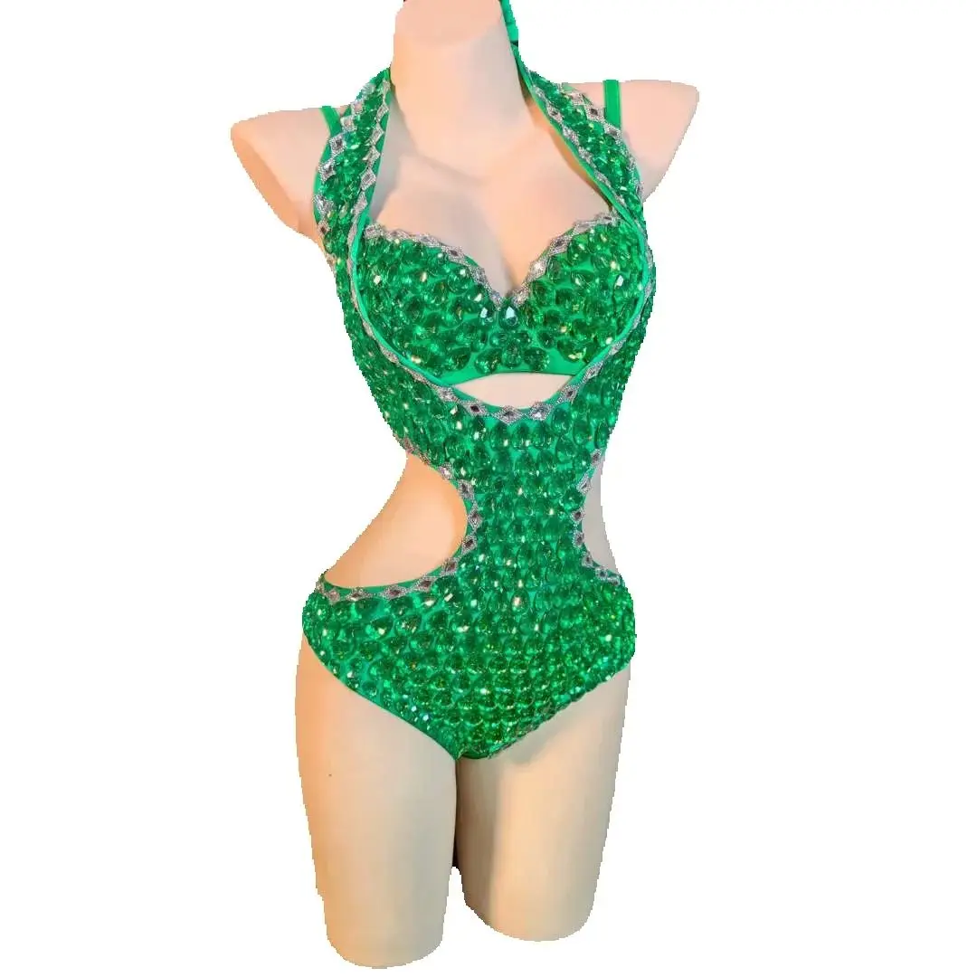 Sexy Backless Women Bodysuits Bikini Style Design Rhinestone Summer Stage Wear Showgirl Nightclub Party Luxury Birthday Queen