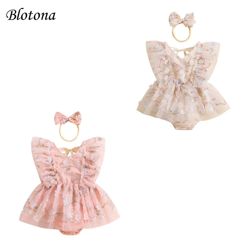 

Blotona Baby Girls Romper Dress Flower Embroidered Fly Sleeve Mesh Skirt Hem Infant Bodysuits Summer Clothes with Headband 0-24M