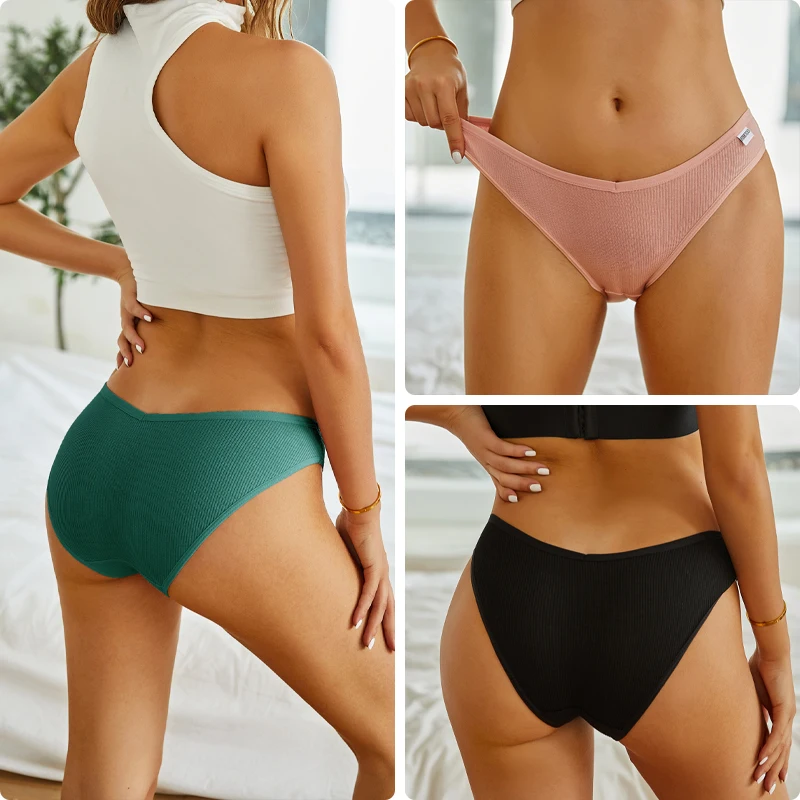 FINETOO 3PCS M-4XL Women's Cotton Panties Sexy V Waist Underwear Plus Size Briefs Female Solid Comfortable Underpants Lingerie