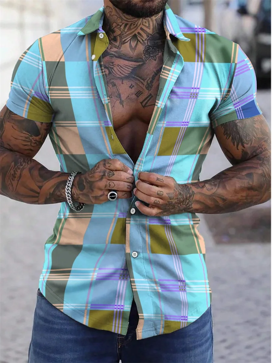 Color block plaid/plaid colorful casual men's shirt for daily wear, weekend outing, summer lapel short-sleeved 5XL fast shipping