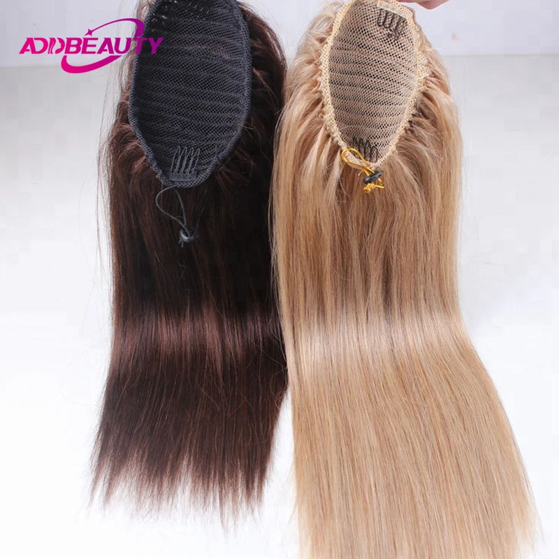 Straight Ponytail Human Hair 100% Real Human Hairpiece Clips in Drawstring Ponytail for Women Wrapped Around Horsetail Natural