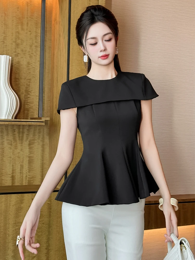 

Women's Celebrity Sweet Blouse Chic Black Cape Style Short Sleeve Tops Female Elegant Fashion Dailywear T-Shirt OL Work Clothes