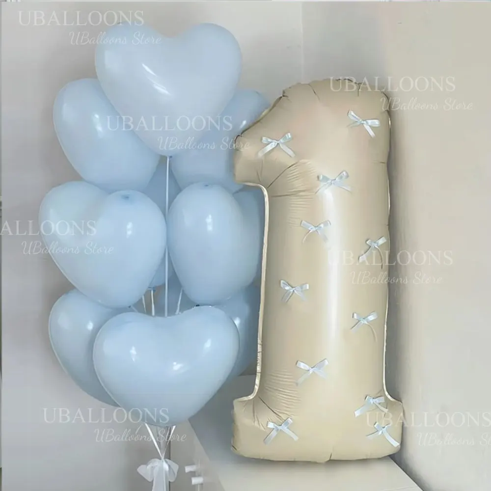 32-Zoll-Creme-Zahlenballon mit blauen Schleifen, 1, 2, 3, 4, 5, 6, 7, 8, 9, babyblaue Schleife, beige Zahlenballons für Geburtstags-Babyparty-Dekoration – Detail 4