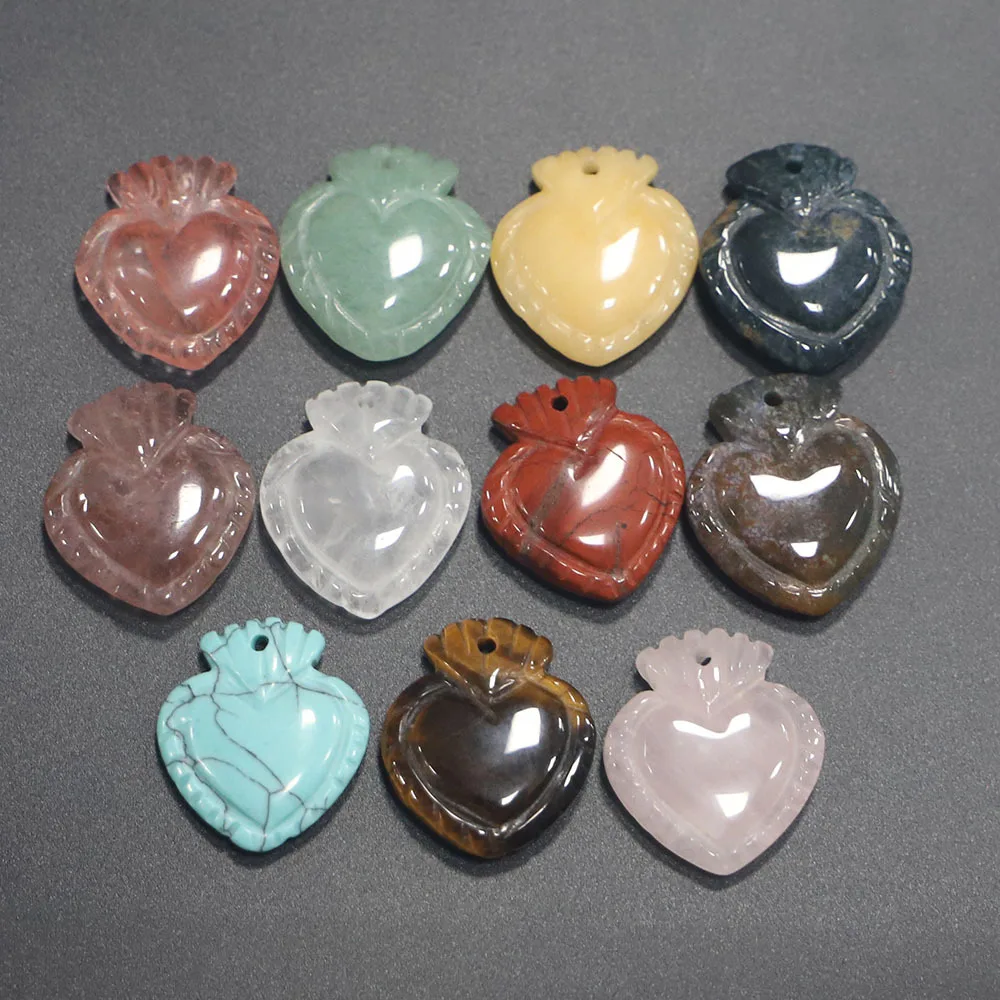 6pcs 30×26mm Carved Heart Stone Hole Bead Pendant Strawberry Quartz Tiger Eye Charms for Jewelry Making Accessories