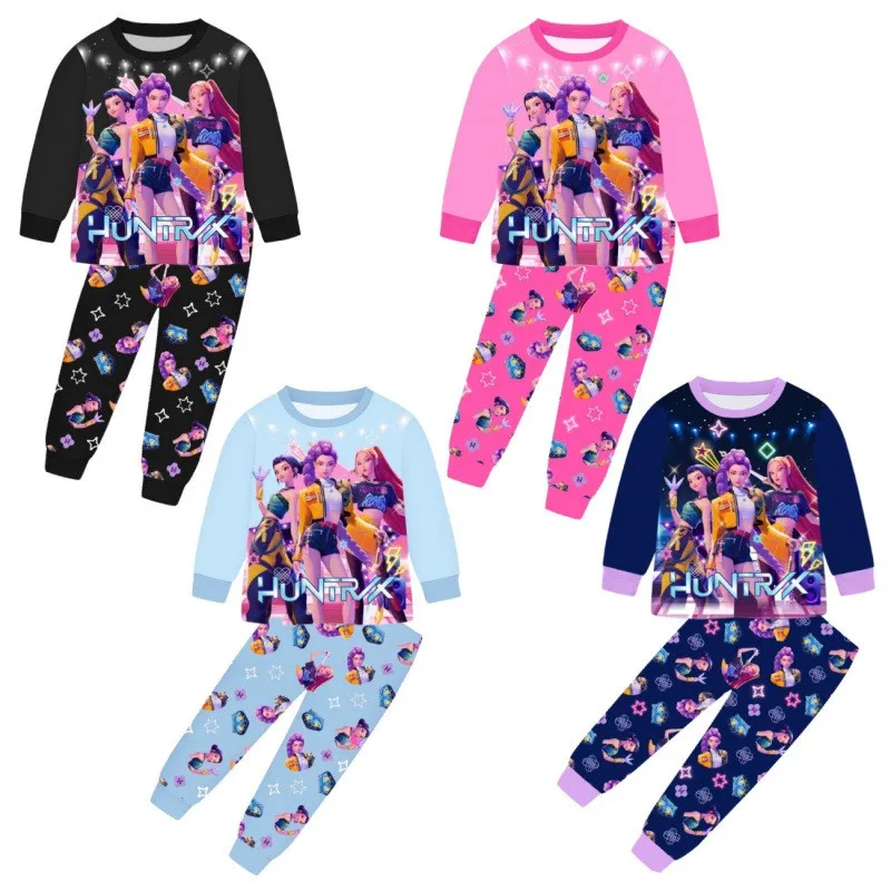 New Cartoon Witch Hunt Squad Print Pajama Suit Tops+Pants 2-piece Set Underwear Kids Girls Sleepwear Spring Autumn Home Clothes