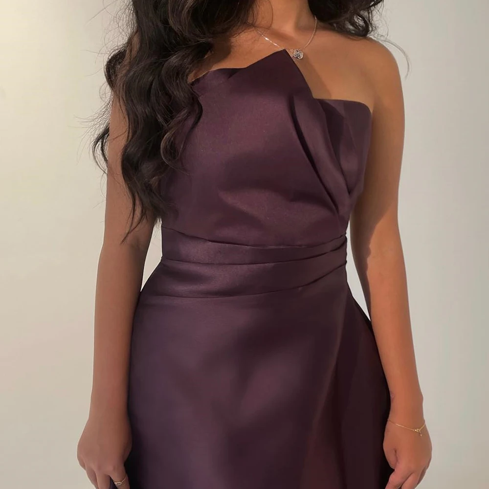 Classic Pleats Pockets Strapless Evening Dresses Temperament A-Line Satin Purple Custom Size Prom Gowns فساتين سهره نسائيه فخمة