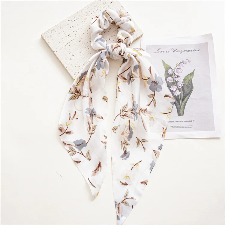 New Fashion Satin Flower Elastic Long Ribbon Hair Bands Ponytail Scarf Hair Tie Women Scrunchies Hair Accessories