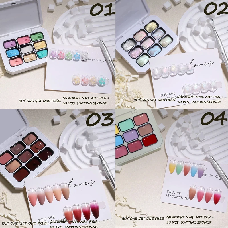 

9-color solid gel nail polish set, includes gradient nail art tools, nail art sponges, and UV nail gel; suitable for nail art be