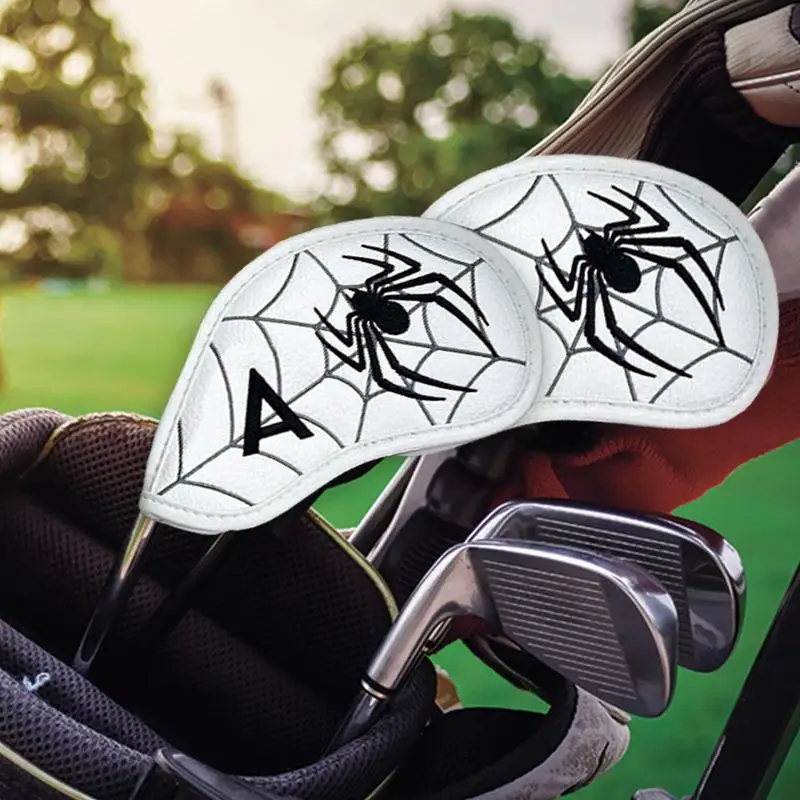 Golf Club Head Covers 9pcs Embroidery Golf Club Cover Waterproof Spider Pattern Lengthen PU Leather Binding Collision Avoidance