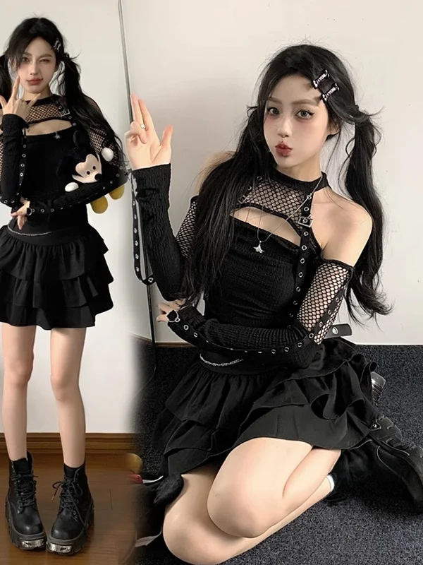 

Punk Style Net Shirt Hollow out Jazz Dance Women's Fashion Gothic Black Top Sweet And Spicy Girl Kpop Trend Summer Wear