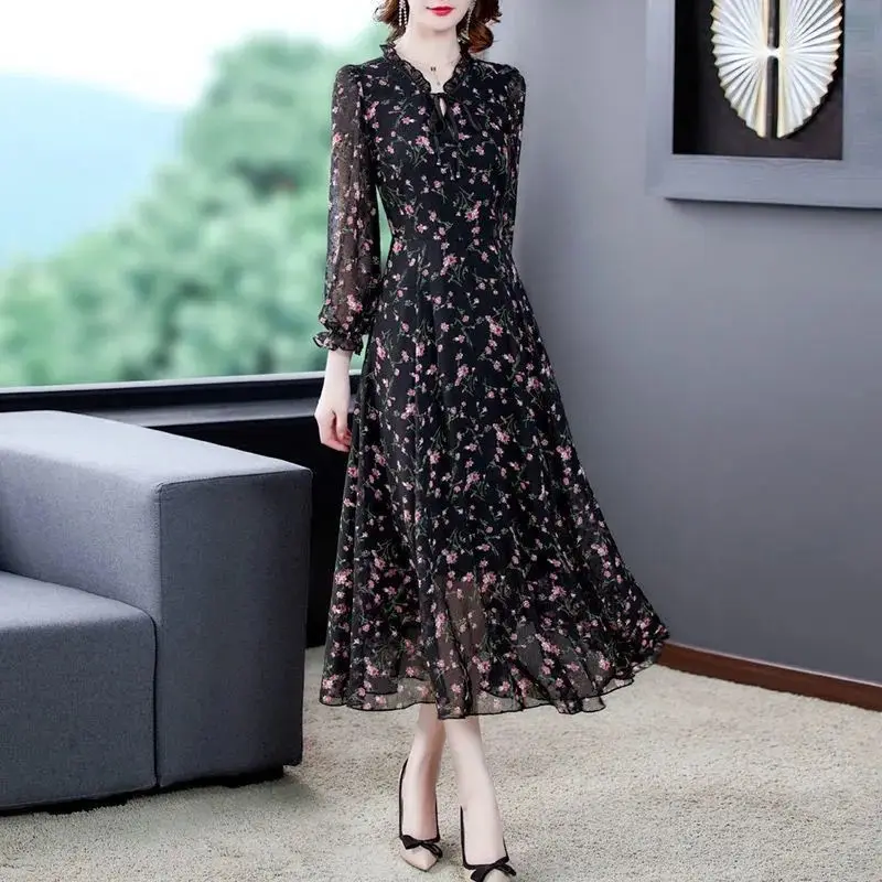 2024 Spring Autumn New Floral Dresses for Women Long Sleeved Age Reducing Loose Chiffon Shirt Temperament Elegant Long Skirt