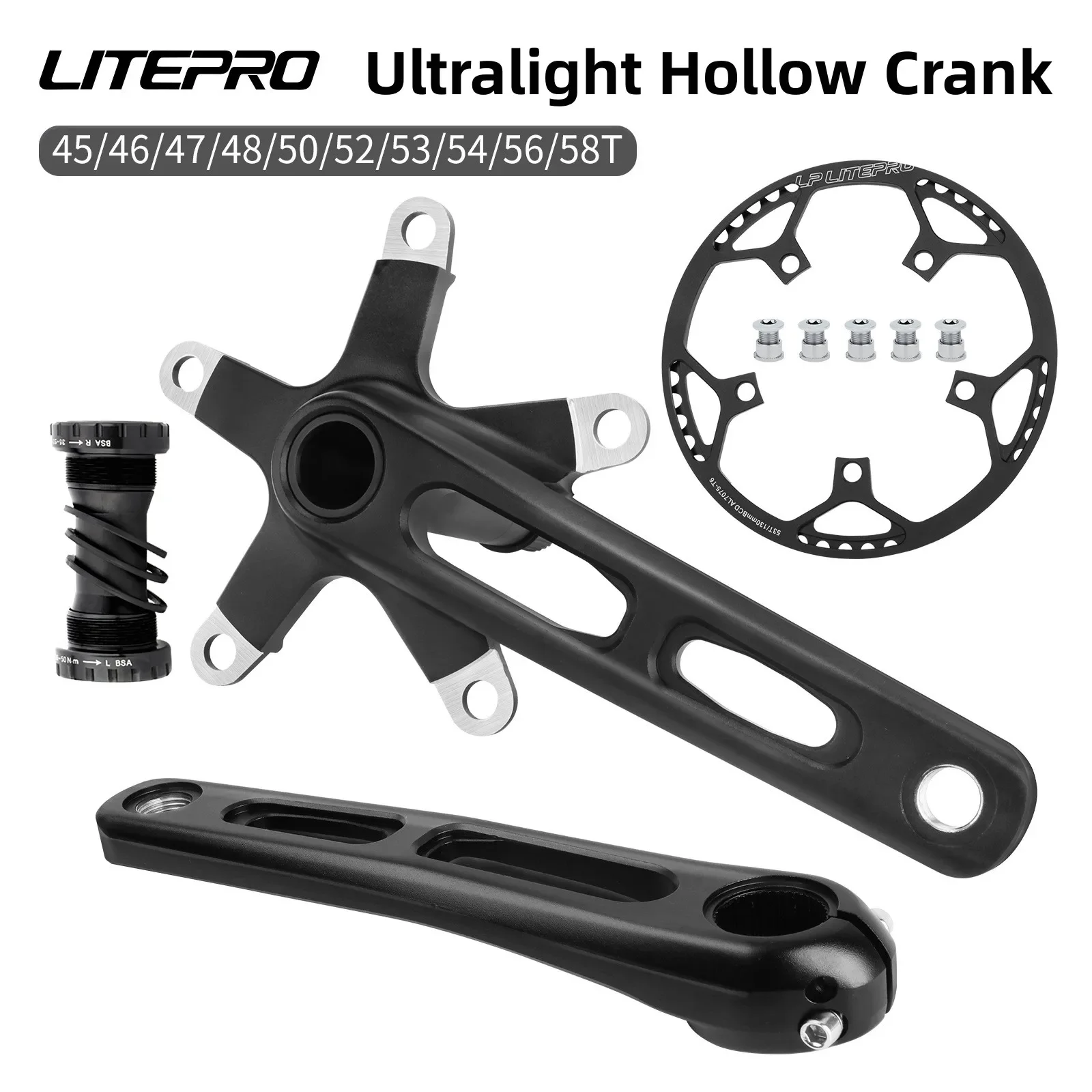 LITEPRO Crankset Hollow Integrated 130BCD Chainring with Protective Cover 45/47/53/56/58T for Folding Bicycle Aluminum Alloy