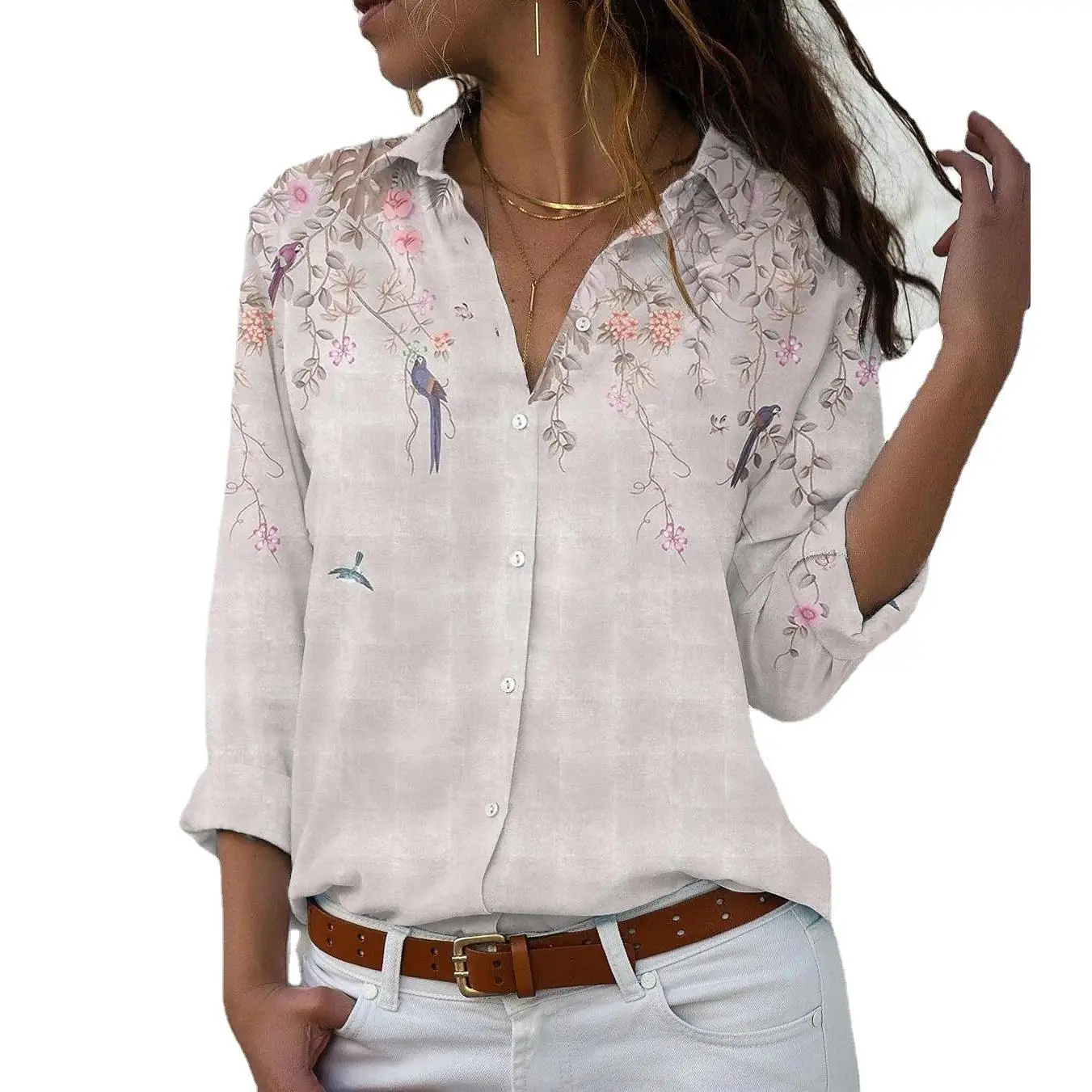 Damska bluzka z nadrukiem, długi rękaw, pojedynczy rękaw, brytyjski styl, poliester, regularny krój, długość rękawa, wiosenna, damska bluzka.