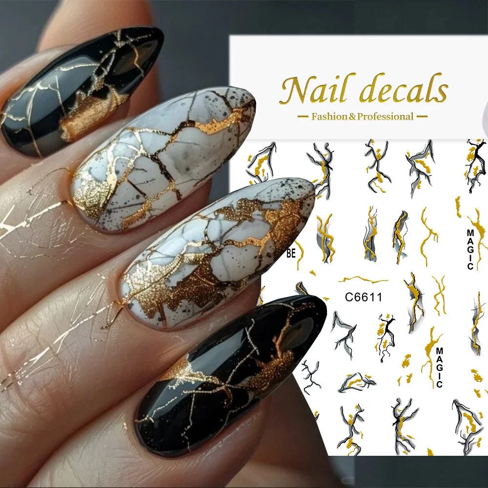 

1PC Marble Pattern Bronzing Nail Sticker 3D Self-Adhesive Glossy Slider Irregular Line Cracks Decals Simple Manicure Decoration