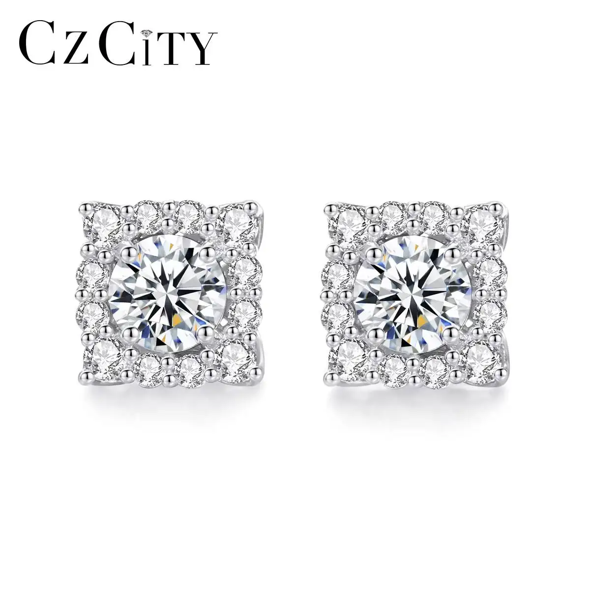 CZCITY Fine Stud Earrings Jewelry Square Classic Design 0.5CT Moissanite Diamond 925 Sterling Silver Earrings for Women