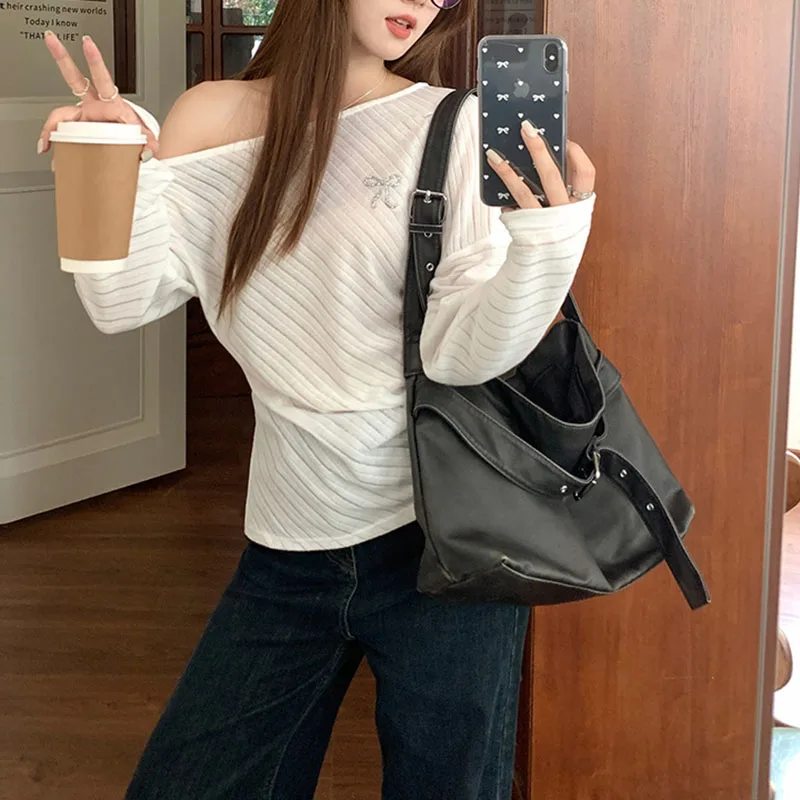 Women's Korean Style Striped Long Sleeve T-Shirt   Fashionable Sexy Irregular Slant Shoulder Loose Sun Protection Cover Up Tops