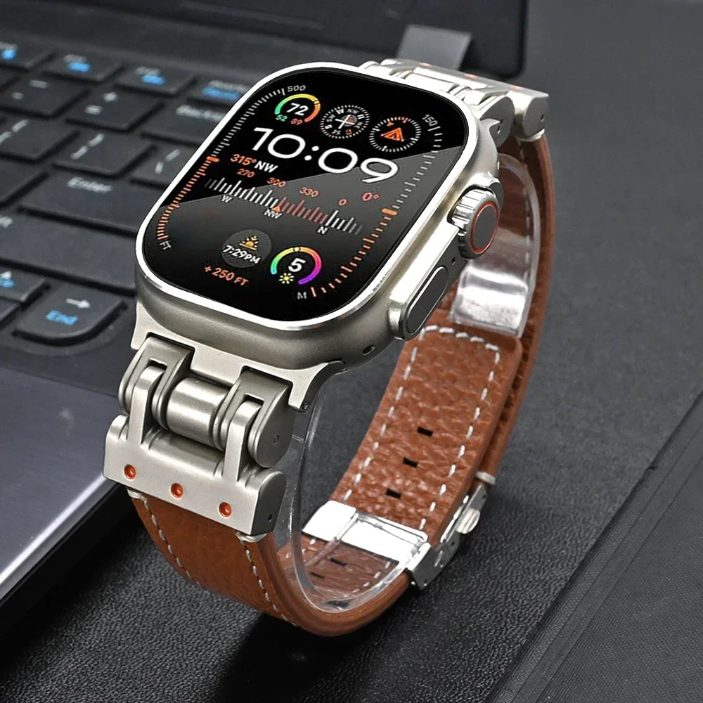 Leather Band for Apple Watch Ultra 2 49mm 45mm 46mm 44mm Luxury Bracelet Titanium Color Strap for iWatch Series 10 9 7 8 se Loop