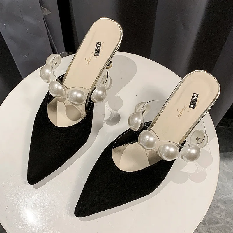 

Korean Fashion Big Pearl High Heels Mules Shoes For Women Pointed Black Flock Half Slippers 2024 Summer Slip on Ladies Footwear