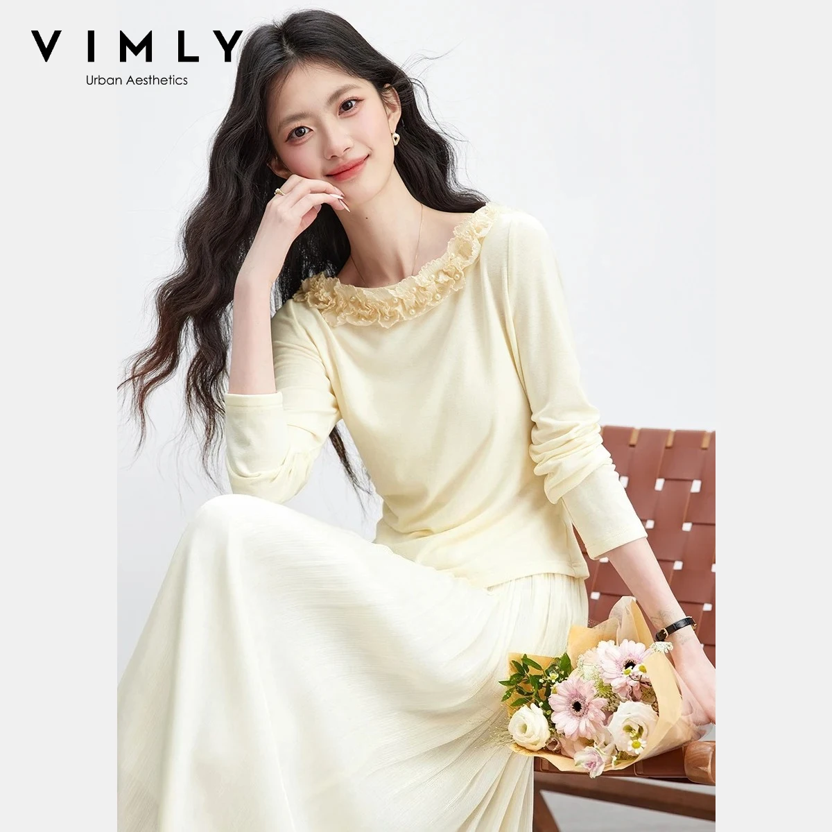 

VIMLY Women's Lace Trim Off Shoulder Top 2026 Spring New Fashion Elegant Asymmetric Hem Ruched Waist Long Sleeve T-Shirt A5107