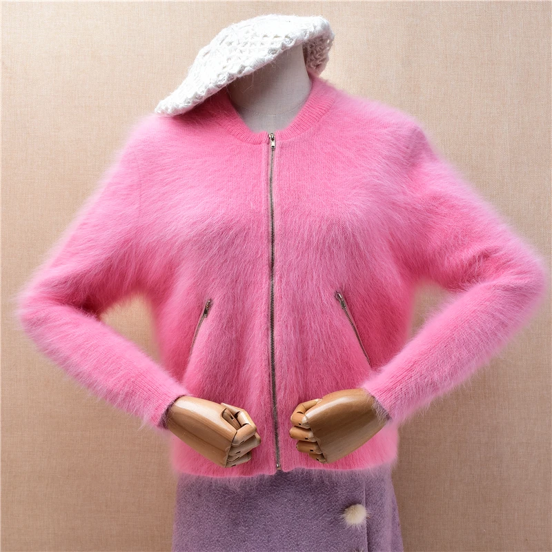 Ladies Women Autumn Winter Clothing Pink Hairy Mink Cashmere Knitted Zippers Long Sleeves Short Style Slim Cardigan Sweater Coat