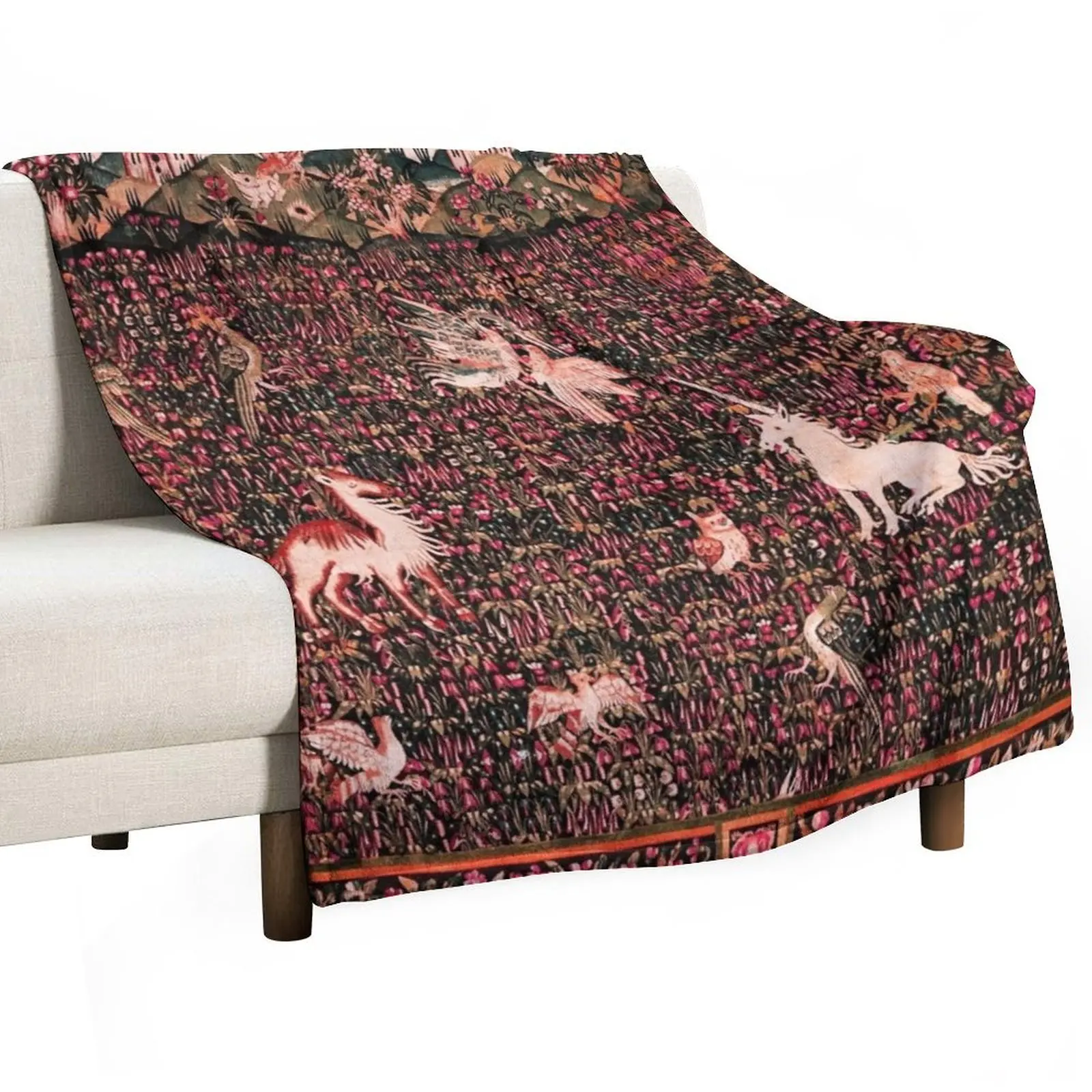 

UNICORN AND MEDIEVAL BESTIARY Forest Animals,Millefleurs Red Pink Green Floral Tapestry Throw Blanket Sofa Throw Blankets
