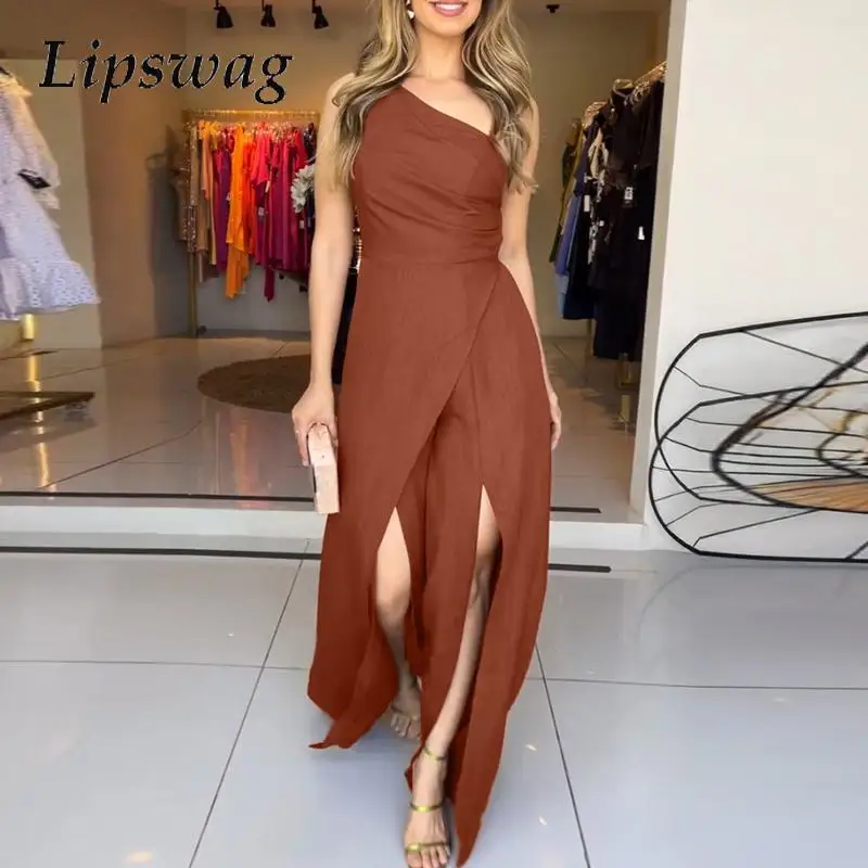 

Women Fashion Asymmetrical High Waist Romper Casual Off Shoulder Solid Long Jumpsuit Elegant Slanted Collar Wide Leg Playsuits