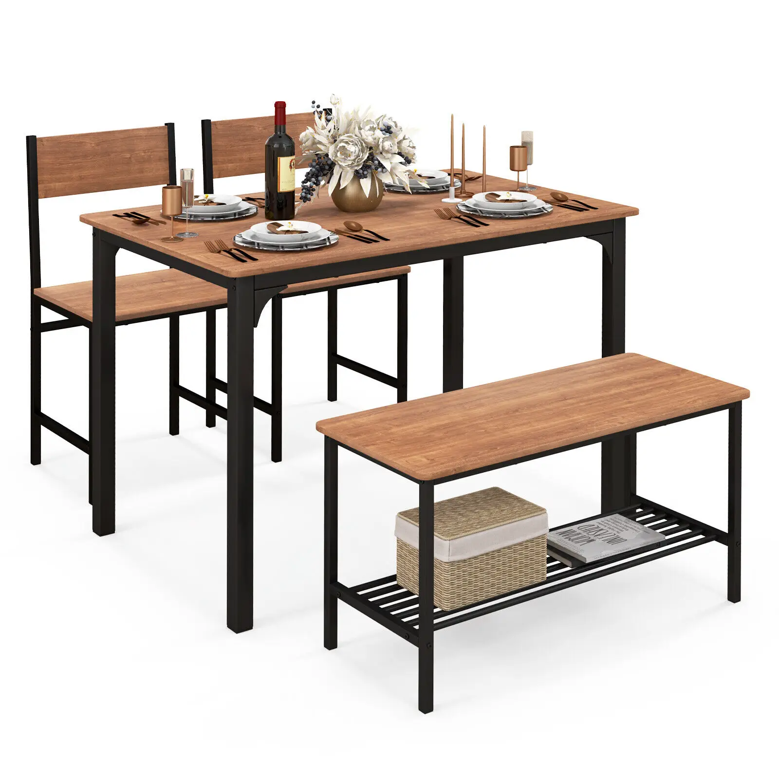 GOFLAME 4-Piece Dining Table Set Space-Saving Kitchen Table & Bench with Storage Shelf