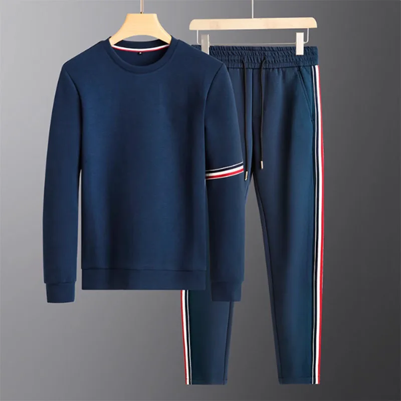 Red, white and black yarn-dyed belt splicing casual sports suit men's pullover autumn and winter men's hoodie pants