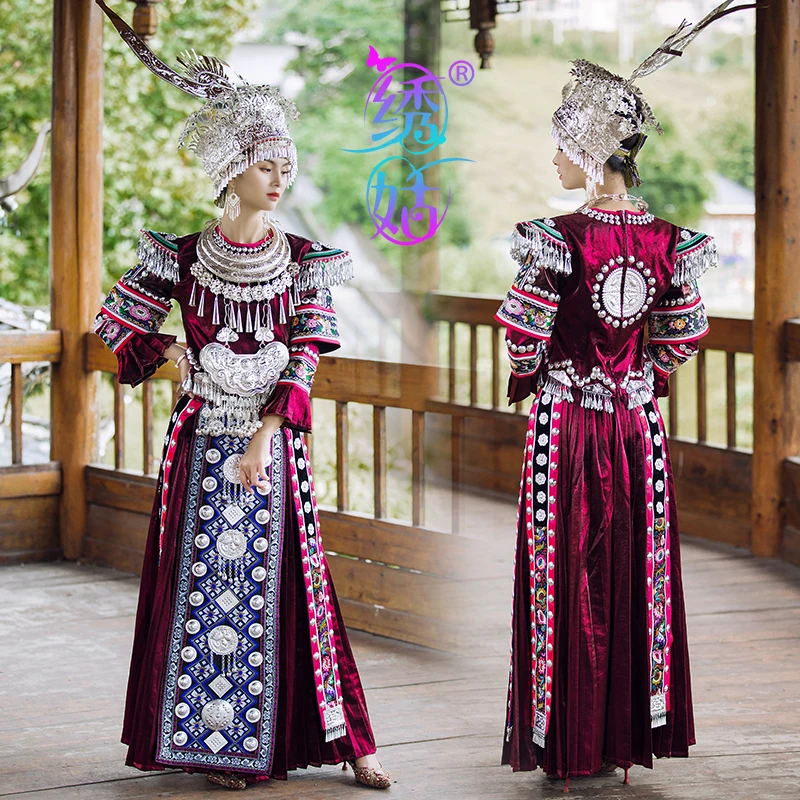 Chinese Hmongb Women Wedding Dress Burgundy Spring Miao Tradition Stage