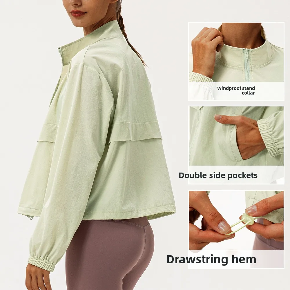 Outdoor sports windbreaker women's loose casual yoga suit zipper stand up collar running fitness windproof jacket