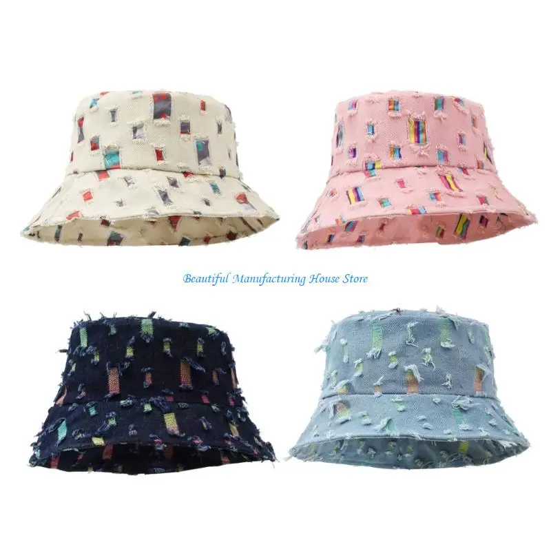 

E56A Wash Color Fisherman Hat with Distressed Detail Adjustable Sun Protective Bucket For Summer Vacation Beach Wear