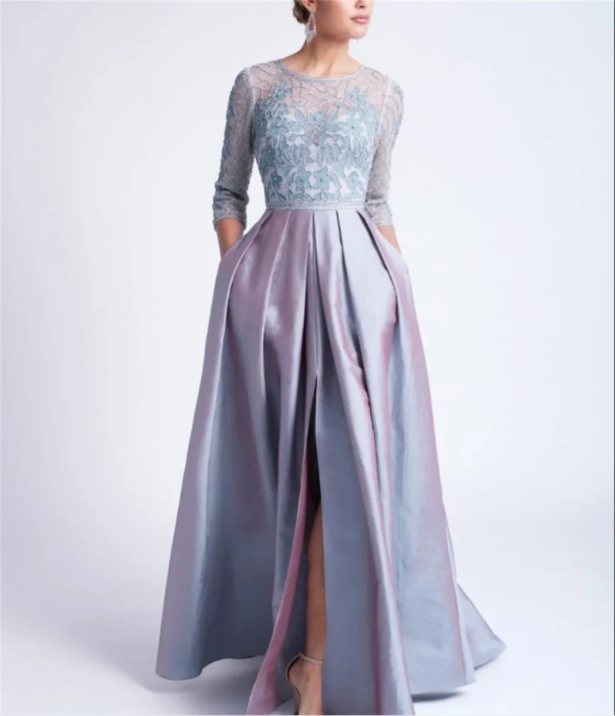 2024 Blue Purple 3/4 Long Sleeve a Line Bridal Prom Dress Lace Appliqué Elegant Satin Saudi Arabian Long Evening Dress New Custo