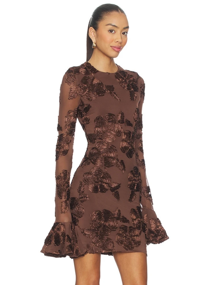 Sexy O Neck Mesh Patchwork Flare Long Sleeve Floral Mini Dress Women Elegant Brown Bodycon Celebrity Evening Club Party Dresses