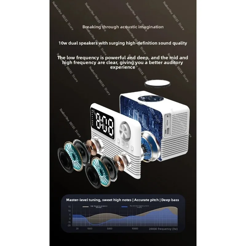 15W Bluetooth Speaker with Wireless Charging Clock, LED Audio Nightstand Alarm for Hotel Home, Retro Wireless Charging Speaker