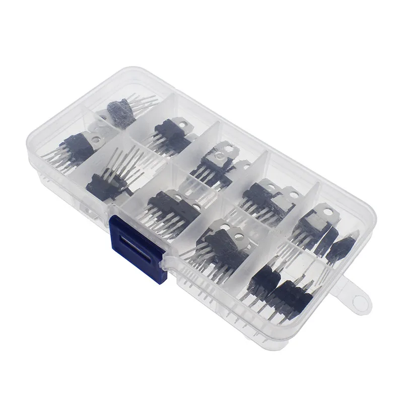 

1 Box LM317T L7805 L7806 L7808 L7809 L7810 L7812 L7815 L7818 L7824 Transistor Assortment Kit 10value 50PCS Voltage Regulator Box