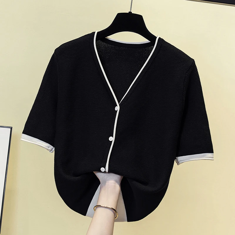 Elegant Thin Knitted Cardigan Sweater Women Short Sleeve V-neck Ice Silk Vintage Knitwear Tops Stylish Fashion Chic Jumper 2023