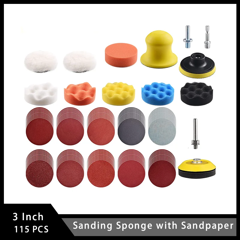 3 Inch Sanding Sponge with Sandpaper 115 Pcs with Drill Sanding Attachment for Car Buffer Polisher Waxing Sealing Glaze