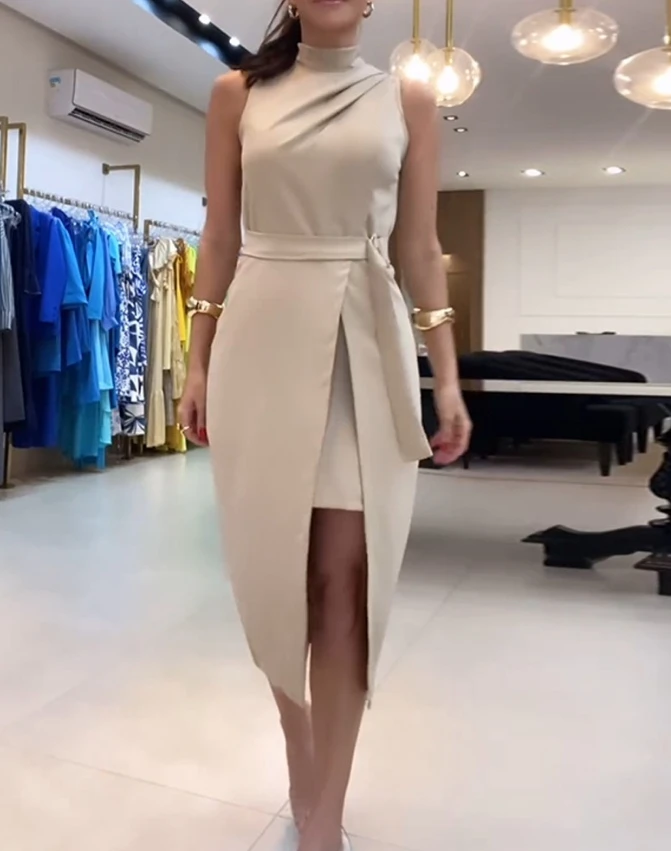 Office Lady Elegant Dresses Solid Color Standing Neck Pleated Sleeveless Slim Fit High Waist Lace Up Split Straight Midi Dresses